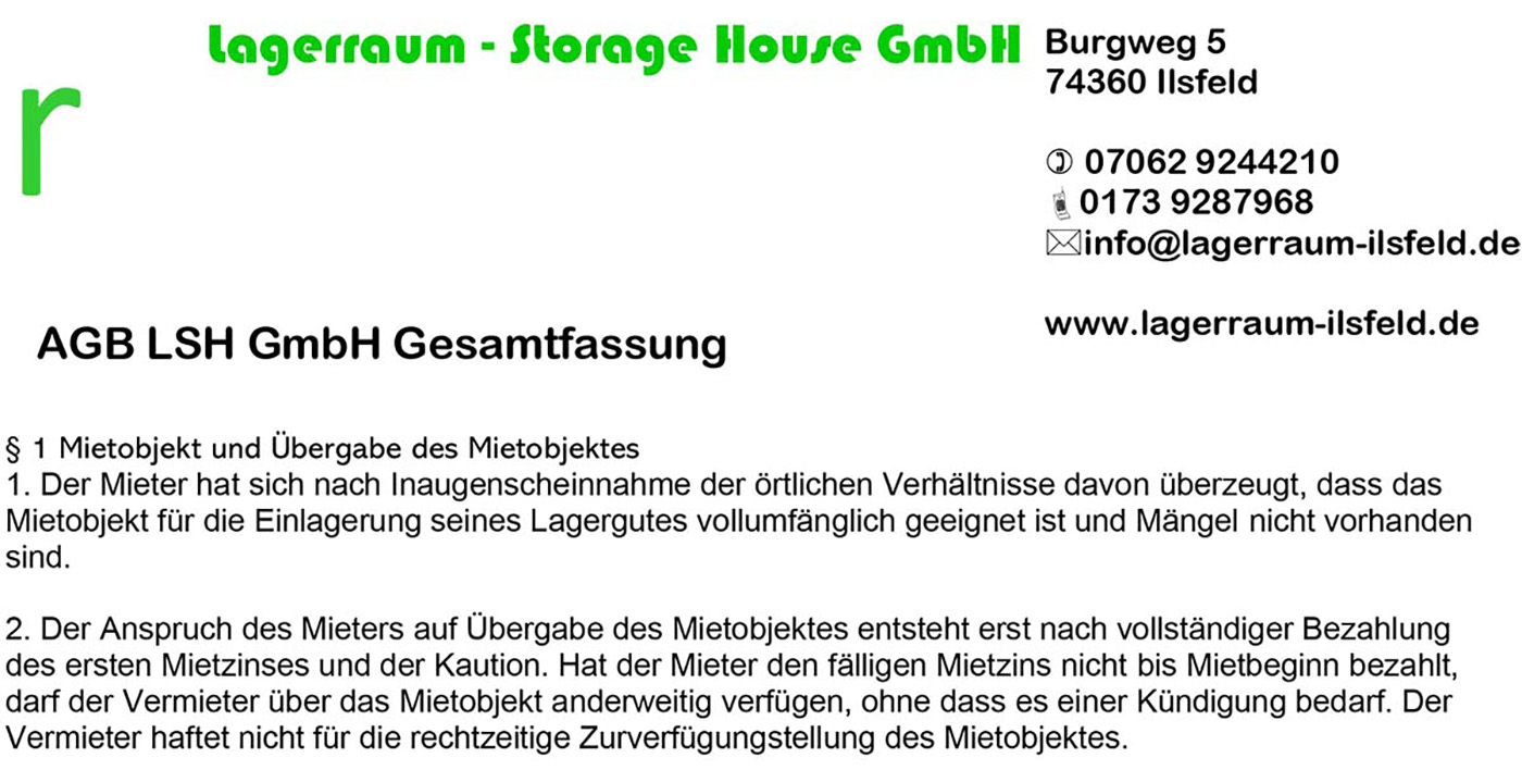 Lagerraum-Storage House GmbH AGB der Lagerraum-Storage House GmbH